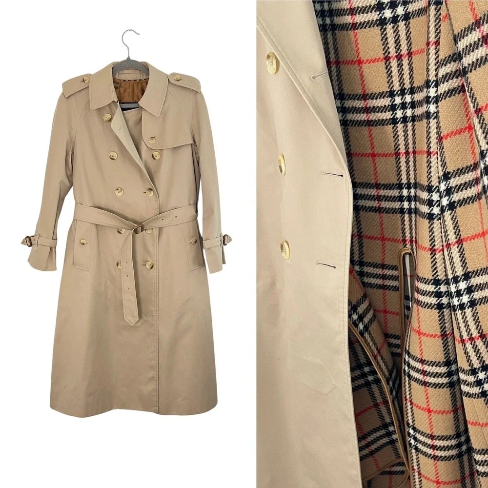 New‎ Burberry Vintage Trench Coat Beige Double Breasted Belted Check XS S - Picture 2 of 16